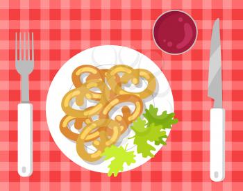 German pretzels on pretty checkered tablecloth, vector illustration, tasty red ketchup, knife and fork utensil, parsley bunch, round bake pretzels
