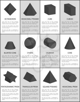Hexagonal and pentagonal, pentagrammic and triangular black prisms, blunted cone, hexagonal and square pyramid, octahedron vector illustrations set