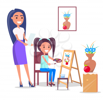 Minimalistic vector illustration of lesson in arts class with teacher and girl with palette in her hand and easel isolated on white background