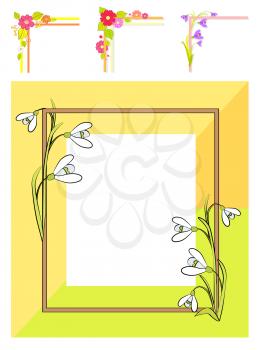 Spring floral frame, made of blooming snowdrops, empty inside, with set of flowers in corners vector illustration isolated with summer plants