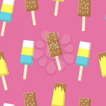 Seamless pattern with chocolate ice cream on stick coconut powder, three color on stick vector illustration Homemade refreshing dessert texture