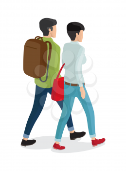 Stylish man and woman models back view in fashionable apparels, with sack and backpack vector illustrations isolated on white. Students boy and girl
