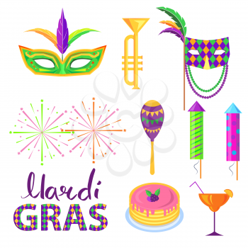 Magri Gras carnival concept with masks, musical instruments and food isolated flat vectors. Masquerade and costumed party attributes illustration set for holiday celebration invitation design