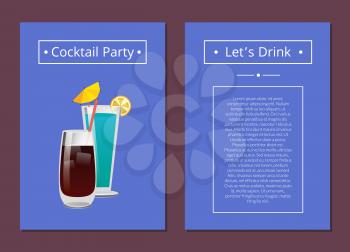 Cocktail party lets drink promo poster drinks made of vodka, cola and mint with ice vector illustration on blue background place for text in frame