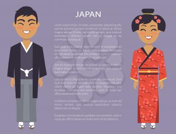 Japan traditions and customs represented by japanese people, woman wearing red kimono and man in national cloth, vector international day with text