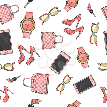 Collection of women accessories. Pink purse. Glasses. Cellphone. High-heeled shoes. Perfume in light flask. Cartoon design. Seamless pattern. Endless texture. Poster. Fabric Flat style Vector