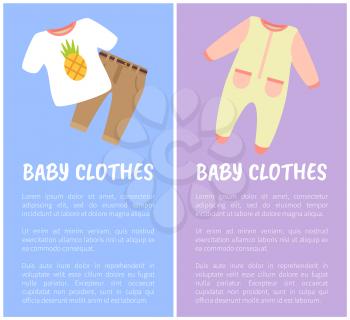 Baby Clothes two images isolated on blue and lilac, little baby brown pants, white t-shirt with pineapple, cute suit, children clothes collection