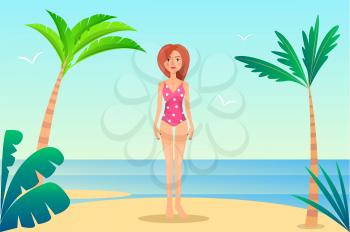 Summer rest banner, pretty woman in mode swimsuit, palms and cute seascape, girl on sea rest, three gulls, mode clothing for swimming, sunny weather