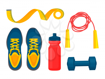 Sportswear collection, color vector illustration, blue sneakers and dumbbell, red bottle for water and skipping rope, yellow weight tape, sport items