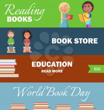 World book day with piles of literature, education and bookstore banners with reading children vector illustration on horizontal posters