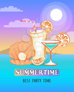 Summertime advertising poster with inscription. Vector illustration of sea and mountains, blue sky, various cooling beverages along with pearl in shell