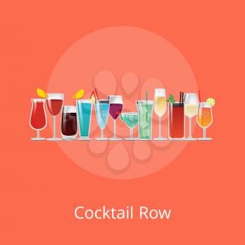 Cocktail row poster with summer cocktails blue lagoon, pina colada, vodka with juice, bloody Mary, sweet champagne, whiskey cola vector illustration set