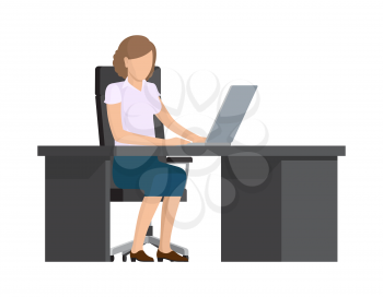 Cute lady working with computer, colorful banner isolated on white background, business woman in shirt and skirt sitting by table, vector illustration