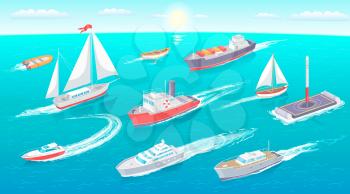 Water transport collection, floating water transport with flag and lifebuoy, set of vessels leaving traces, sun and clouds on sky vector illustration