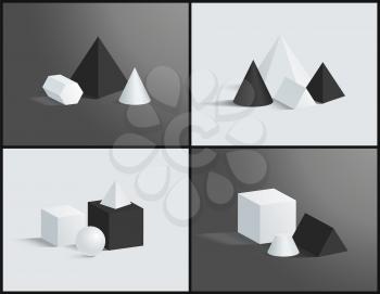 Four vector illustration with geometric prisms set, black and white square pyramids, hexagonal and pentagonal, triangular prisms, cubes and sphere