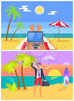 Freelancers work at beaches in summer set. Person with laptop near sea and man half in suit half in swimming trunks on beach vector illustrations.