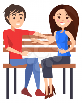 Guy in red sweater and jeans and girl in blue blouse and skirt sit on wooden bench and smile isolated vector illustration on white background.