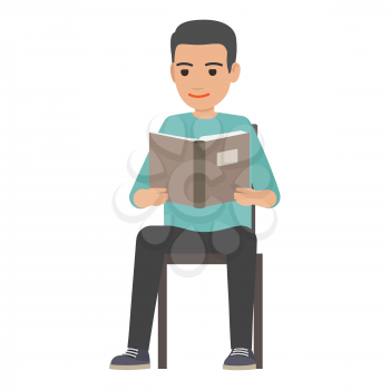 Young man reading textbook. Brunette male student seating on chair with book in hands flat vector isolated on white background. Enthusiastic reader illustration for educational and hobby concepts