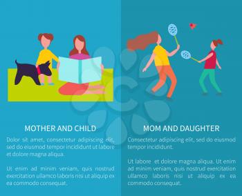 Mother and daughter playing badminton and mom with child sitting on blanket vector illustrations set. Female parent and teenager spending time outside