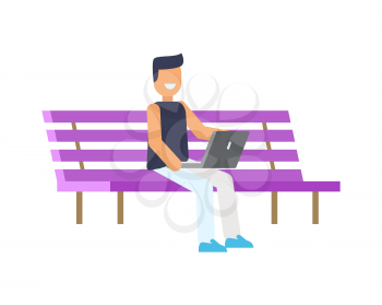 Happy man sitting on lilac bench, colorful poster isolated on bright backdrop, outdoor rest banner, vector illustration, resting man with grey laptop