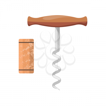 Corkscrew and cork vector illustration isolated on white background. Bottle opener and wooden cork, steel spiral corkscrew with handle design