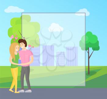 Filling form for greetings, boy and girl tenderly hugging, young lovers embracing, happy couple vector on background of skyscrapers in park green trees