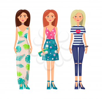 Three cute ladies in vogue clothes, vector image isolated on white, illustration with vogue dress and shoes, shirts and skirt, jeans pants with holes