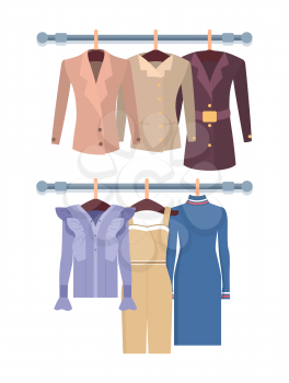 Summer mode with dress and jackets on hangers, collection of clothes for women, items and objects, vector illustration isolated on white background