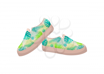 Pair of shoes with leaves, summer mode represented by footwear, womens summer mode, heelless shoes, vector illustration isolated on white background
