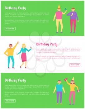 Bright birthday party cards vector illustrations isolated on green and white backgrounds, colorful text sample, people with drinks and festive cones