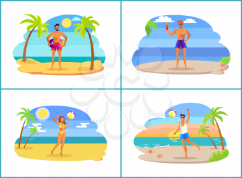 Young people on hot tropical beach near sea set. Men and woman in swimwear spend time on beach. Youth relaxes on beach isolated vector illustrations.