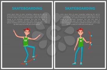 Skateboarding posters skateboarder balancing on skateboard and holding in hand, young skater promote skateboarding activity vector, copy space for text
