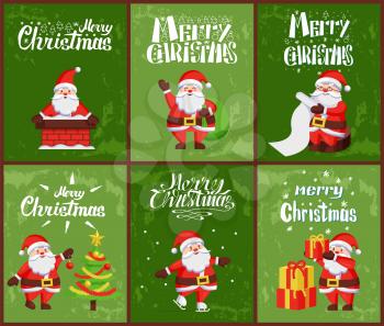 Merry Christmas, Santa Claus in chimney at night vector. Sack with presents gifts, list of children obeying parents, pine tree decorated with garlands
