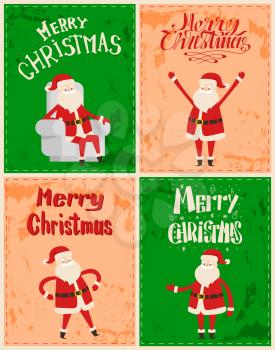 Xmas Father Frost cartoon character stickers on grunge backdrop. Wintertime vector greeting card with Santa Claus sitting in cosy armchair, Merry Christmas