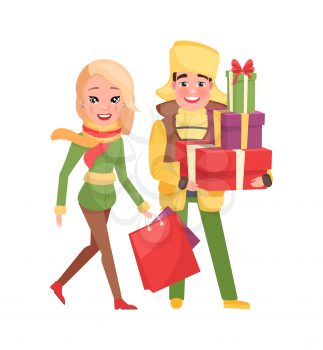 Man and woman with bags isolated vector. Merry Christmas, couple returns from shopping with packages. Happy young family getting ready to Xmas eve.