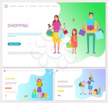 Shopping family spending day together in shops vector. Mother and father walking with daughter carrying presents and packages. Cart trolley with gifts