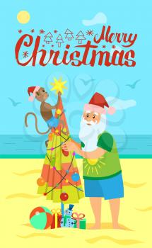 Merry Christmas, Santa Claus and monkey decorating umbrella with balls and garlands New Year in hot countries, Saint Nicholas on vacation, vector coast line