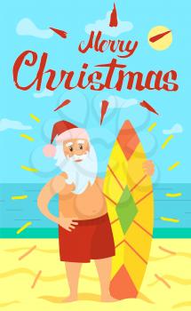 Merry Christmas, Santa Claus and surfing board, character on summer rest. Vector Saint Nicholas surfer in tropical country, man in hat and beard, vector