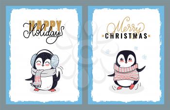 Happy Holidays, Merry Christmas greeting cards. Vector penguin wearing winter earmuffs and knitted striped scarf. Cartoon penguin in knitted sweater.