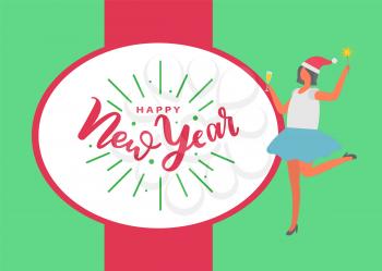 Happy New Year poster, woman in skirt holds glass of white wine, Santa Claus hat on head. Vector female with firework sparkler item. Girl celebrating Xmas
