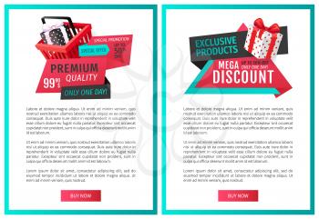 Fixed price only one day offer web page templates vector. Shopping basket with gift box, ribbons and text, promotion of products. Save money on sales