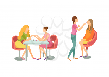 Spa salon manicure visage makeup, manicurist caring for nails of client. Isolated icons set of professionals and women wishing to be beautiful vector