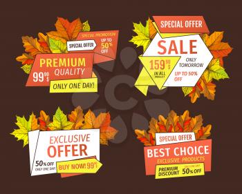 Special offer sale with mega discounts, up to fifty percent off. Promo price 159.90 advertisement autumn label with orange and yellow leaves isolated