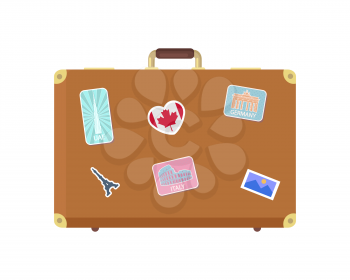 Luggage journey for traveler with bag isolated icon vector. Valise decorated with stickers of Canada flag, Eiffel tower and German Berlin landmark