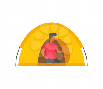 Male person in tent vector isolated character. Shelter at summertime, camping outdoor dwelling and lonely tourist sitting at entrance, resting camper