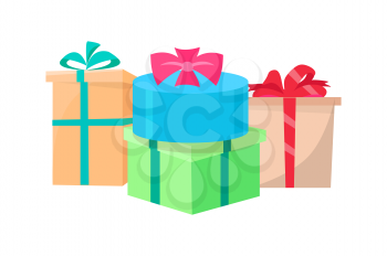 Presents packed in gift boxes vector isolated surprises. Vector New Year, Valentine day and Birthday gifts, color packages decorated by satin ribbons and bows