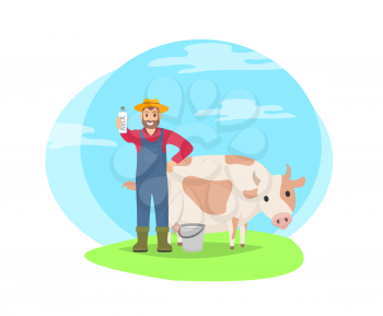 Cartoon icon of farmer with cow on field vector badge isolated on landscape. Smiling man standing with big domestic animal with bottle of milk in hand