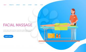 Woman lying on table with towel on body, masseuse making facial massage. Relaxation of head, procedure with face. Portrait view of people web vector. Website or webpage template landing page in flat