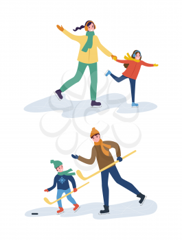 Hockey training of father and son, mother with kid vector. Mom skating with daughter, family time spent in winter season. People outdoors playing