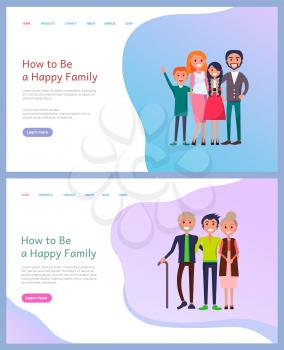 Happy family, mother and father embracing daughter and son. Portrait view of smiling parents and children. Standing grandparents with boy, web page vector. Website or template landing page in flat